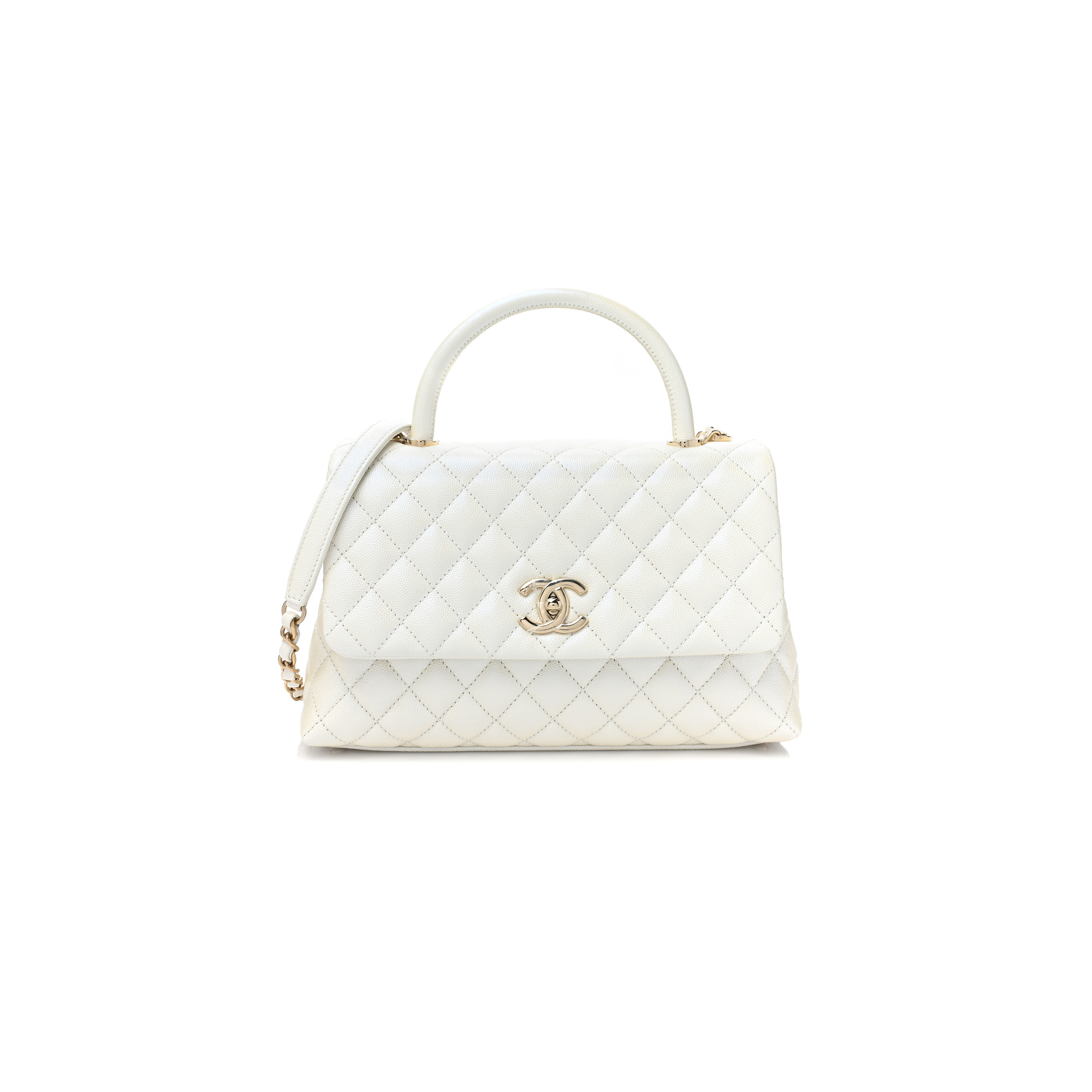 CHANEL IRIDESCENT CAVIAR QUILTED MEDIUM COCO HANDLE FLAP WHITE (29*18*12cm)